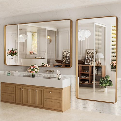 LOAAO Bathroom Mirror - 72x36 Inch Rounded Rectangle Design with Wood Grain Metal Frame | Anti-Rust, Versatile Hanging Options