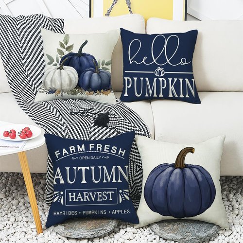 MAZSHTTD Blue Pumpkin Throw Pillow Cover 18x18 Inch Set of 4 Hello Pumpkin Outdoor Indoor Decorative Throw Pillow Cover for Farmhouse Bedroom Sofa Cushion Couch Fall Decor