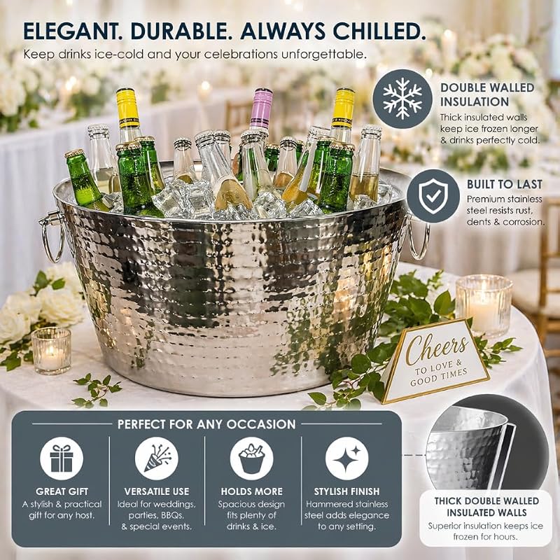 BREKX XL Insulated Stainless Steel Beverage & Ice Bucket - Heavy Duty, Leak-Proof, 25 Qt