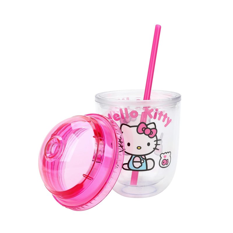 Bioworld Hello Kitty Drinks Character Art 13 Oz Double Wall Plastic Cup With Pink Dome Lid