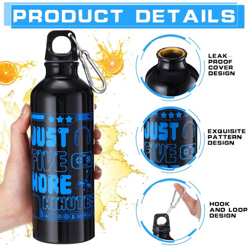 SiliFine 24 Pcs 17oz Gaming Water Bottle Sports Insulated Water Bottles with Hook Clip Funny Quotes Aluminum Gamer Iced Coffee Travel Mug for Birthday Video Game Party Favors (Black)