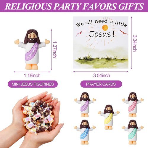 Little Jesus Figurines Set - 50 Mini Jesus Statues with Prayer Cards & Bags for Easter Party Favors