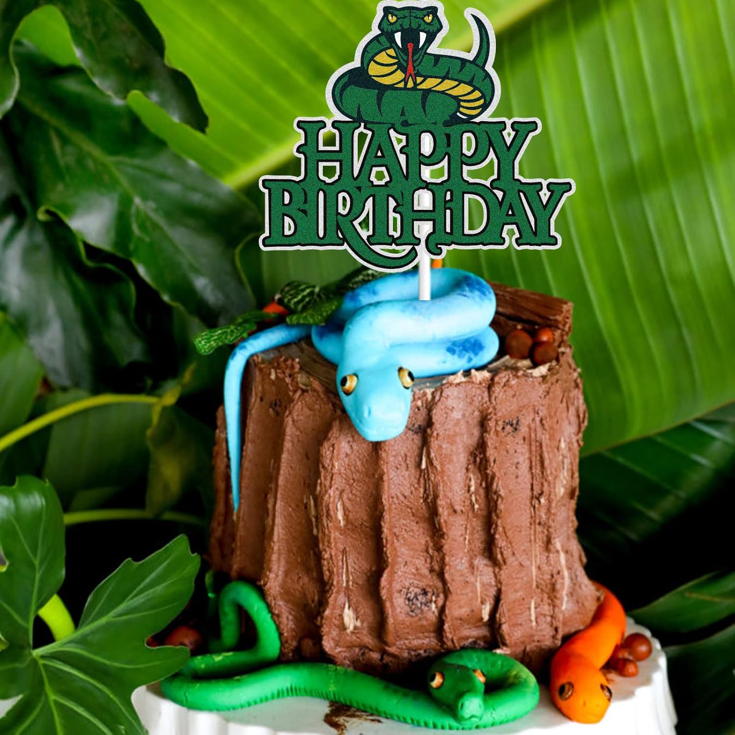 Snake Happy Birthday Cake Topper - Green Glitter Jungle Animal Theme | Perfect Decoration for Kids