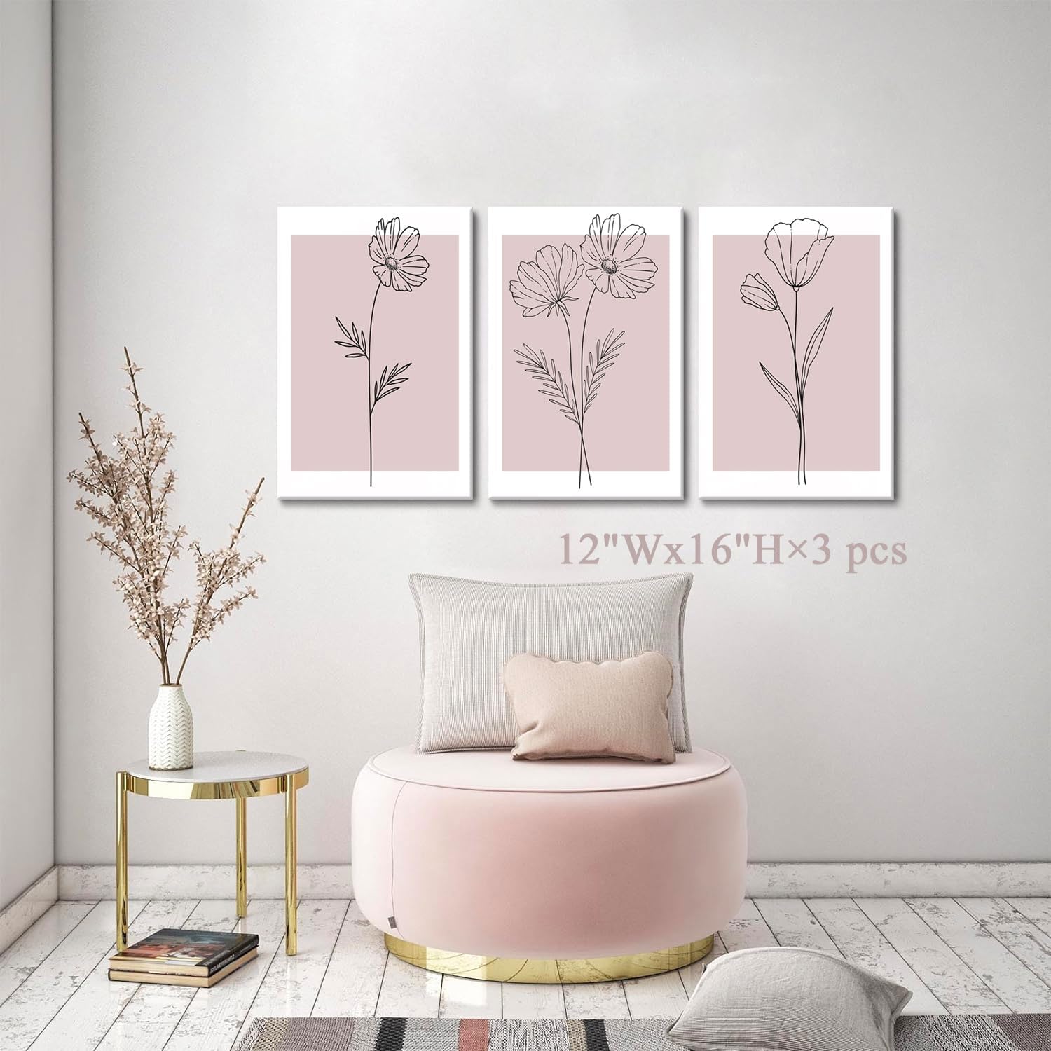 Pink Flower Market Wall Art Set of 3 - Aesthetic Canvas Prints for Bedroom & Girls' Room | Framed 12x16 Inch