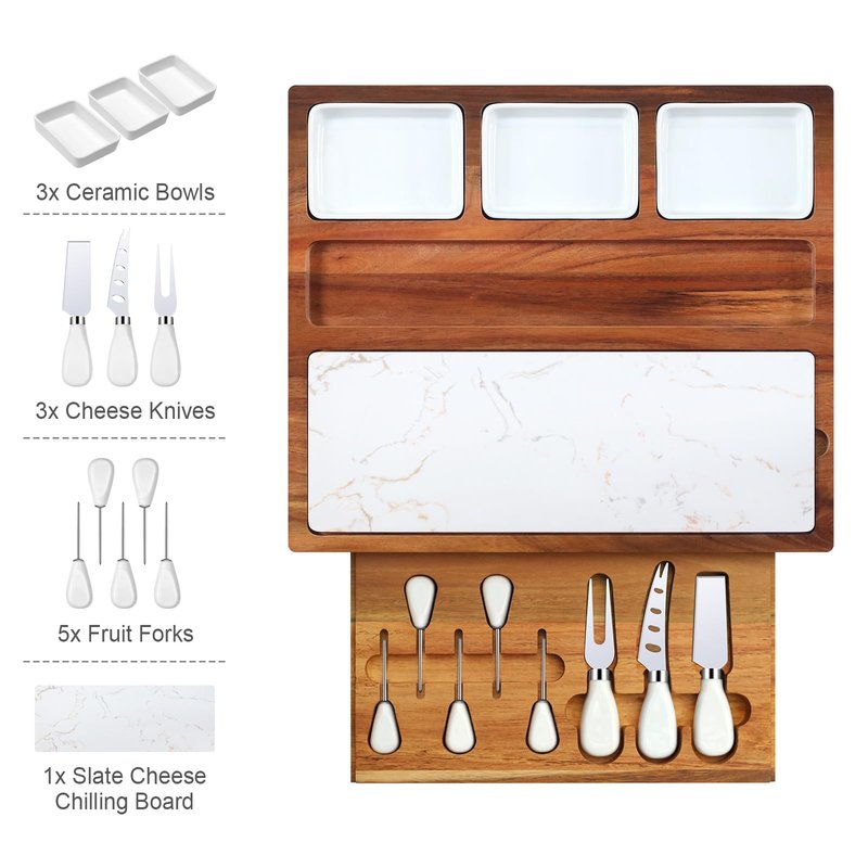 EUMUU Charcuterie Board Set Premium Large Acacia Wood Cheese Platter with Reusable Bowls, Cheese Knives and Forks - Housewarming, Wedding, Bridal Shower, Birthday Gifts