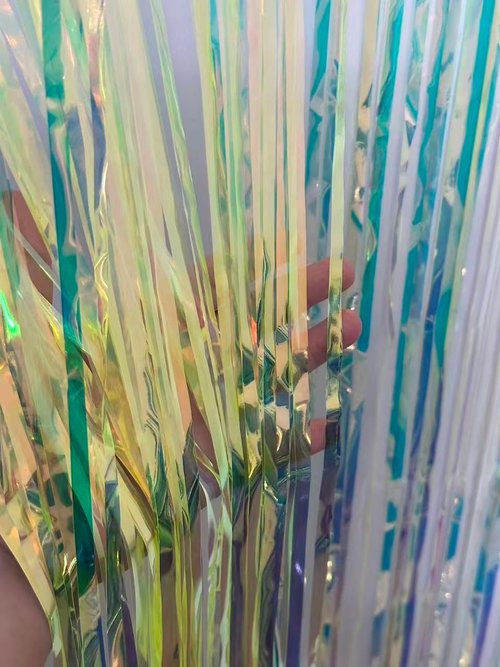 Iridescent Green Party Streamers Backdrop - Neon Holographic Tinsel Foil Fringe Curtain | 2 Pack, 3.31 x 6.6 ft