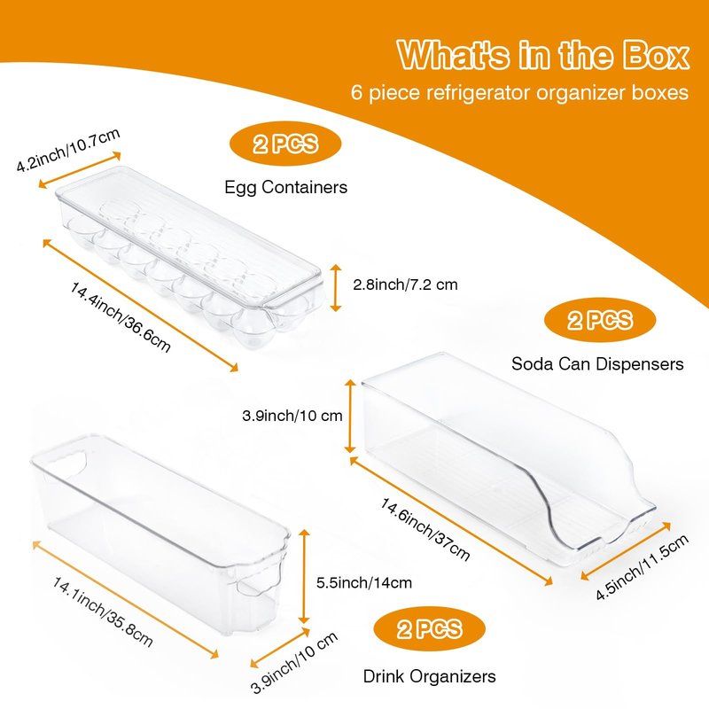 OTraki 6 Pack Fridge Organizer Storage Bins Drink Organizer for Fridge include Soda Can Dispenser Egg Holder Storage Bin with Handle Soda Organizer for Refrigerator Kitchen Countertop BPA Free