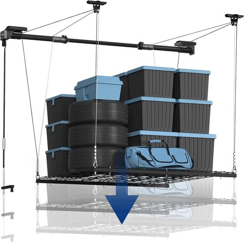FLEXIMOUNTS Garage Lifting Metal Rack - Adjustable 4x4 Ft Overhead Storage System | Heavy-Duty 350lbs Capacity, Satin Black