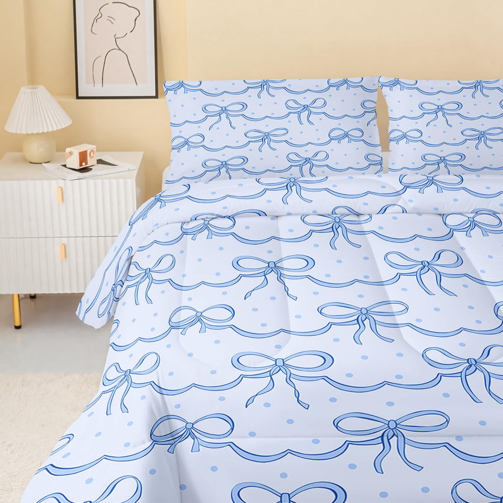 QOOMO 3Pcs Bow Comforter Set Full,Blue Bow Bedding Set for Teens Boys Girls,Blue Bow Dots Printed Comforter with 2 Pillowcases,Down Alternative,Soft and Lightweight
