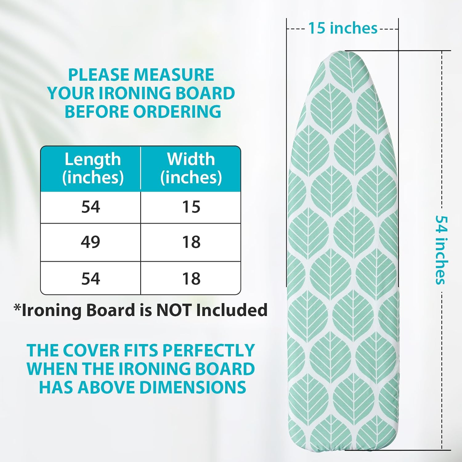 Seiritex Ironing Board Cover - Heat Reflective, Thick Padding, Standard Size 15 x 54, Green Leaf Design