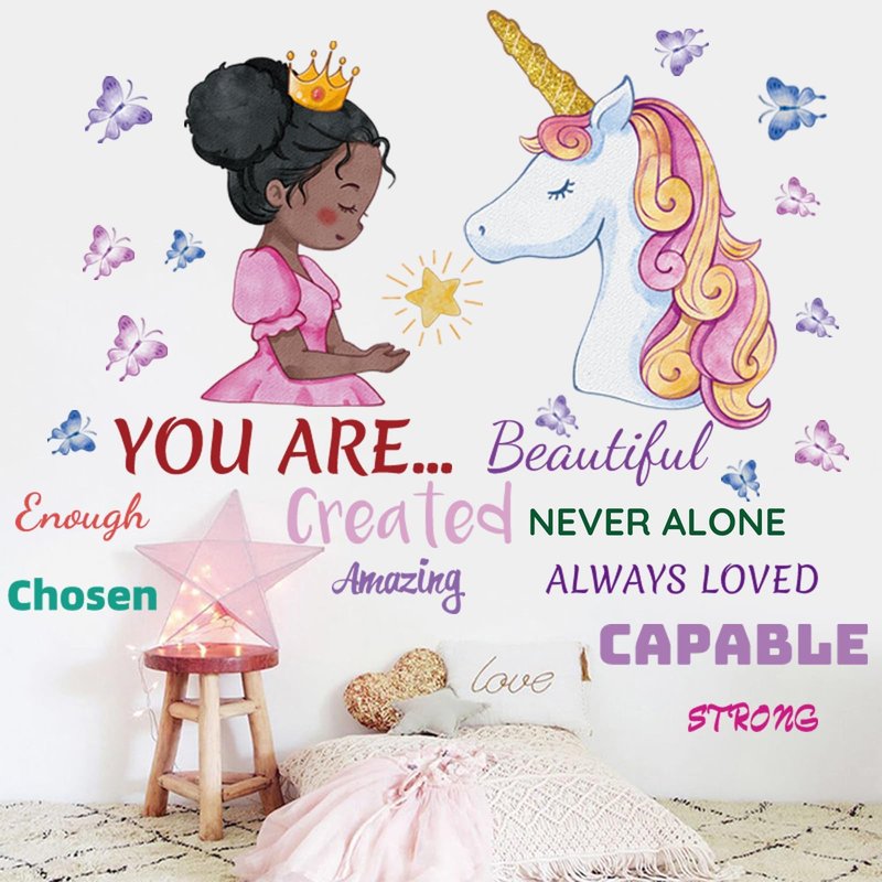Suplanet Unicorn Wall Decals for Girls Bedroom, Black Girl Wall Stickers, Toddler Black Girl Room Decor, Unicorn Wall Stickers for Girls Room