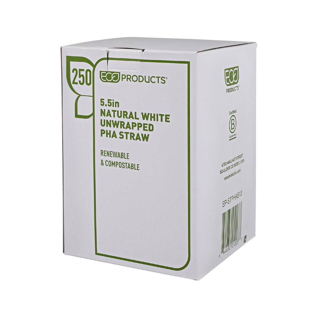 Eco-Products Compostable Plastic Straws, 5.5" Long, 6mm Diameter, Case of 2500, Natural White Disposable Plant Based PHA Plastic, Standard Sized Drinking Straws, ASTM Compliant, BPI-Certified