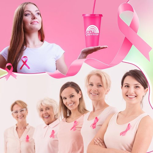 Bokon 12 Pcs Breast Cancer Gifts for Women, 24oz Breast Cancer Awareness Tumblers with Straws and Lids Plastic Pink Ribbon Water Bottles Bulk Reusable Pink Cups Coffee Mugs for Women (Classic)