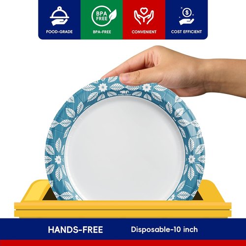 JOLLY CHEF 10-Inch Heavy Duty Disposable Paper Plates - 140 Pack, Soak Proof & Cut Proof for Everyday Use