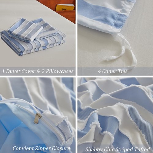 BESTDESIL Blue Duvet Cover Queen Size,3 Pcs Boho Tufted Duvet Cover Set,Striped Tufted Textured Duvet Cover with Corner Ties & Zipper Closure