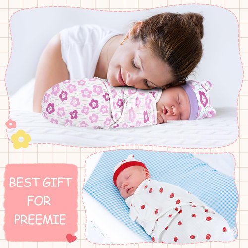 Buryeah 4 Pack Preemie Swaddle Blanket Wrap Set with Hat for Baby Boys Girls 3-7 Lbs Preemie Newborn Clothes Sleepers Cap(Purple,Flower)