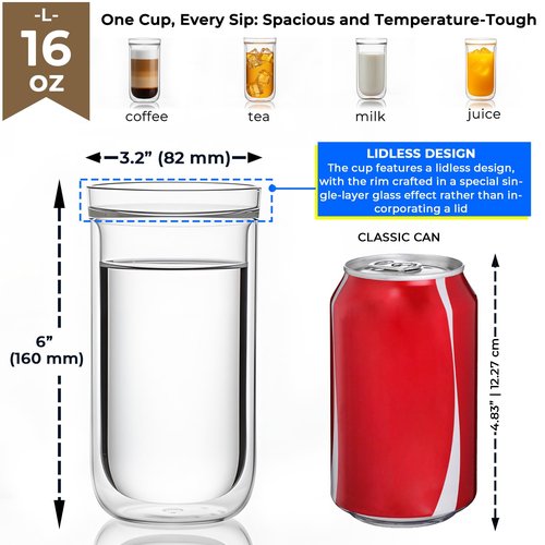 Aquach Double Wall Glass Cup 16oz 2pcs, Clear Insulated Coffee Drinking Glasses, Single Mouth/Double Body