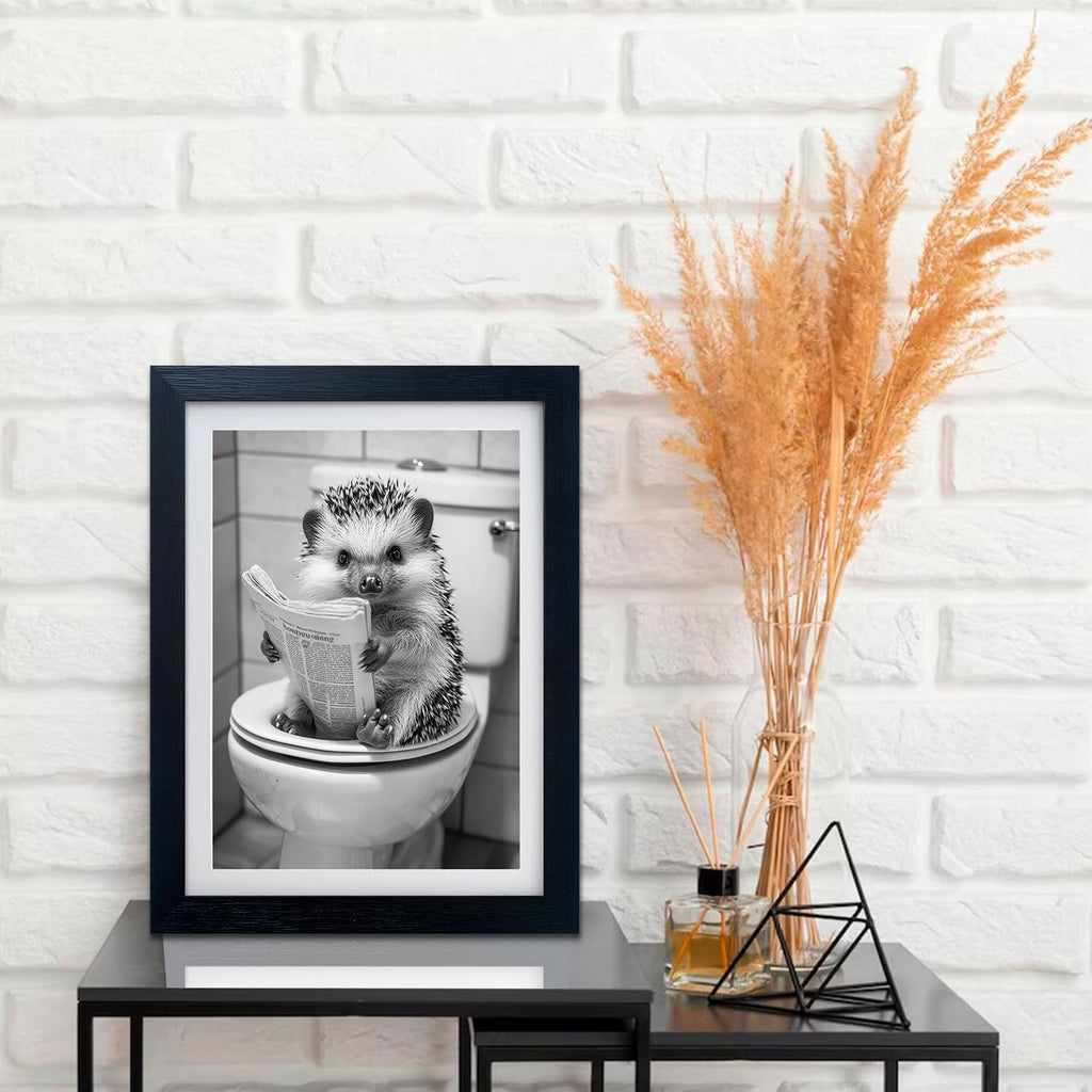 Regine Switzerland Funny Bathroom Wall Decor - Framed Black and White Hedgehog Reading Newspaper