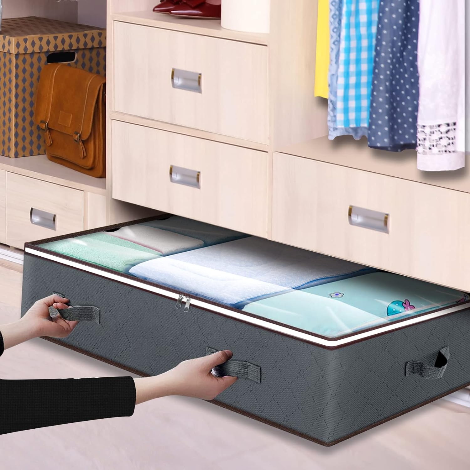 Skiennix 90L Under Bed Storage Containers - Large Capacity Organizer Bags with Clear Window & Reinforced Handles | 8 Pack