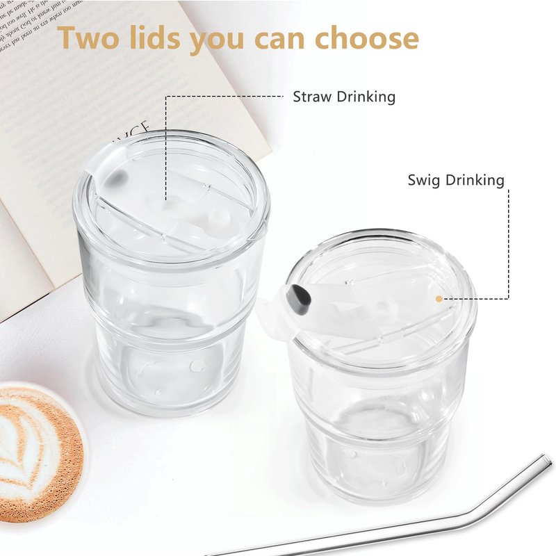 Icesip 15 oz Iced Coffee Cup Set of 6, Matcha Glass Tumbler with Straw and Lid Reusable Clear Thick Wall Matcha Cups for Tea Smoothie Tea Soda Juice Cup
