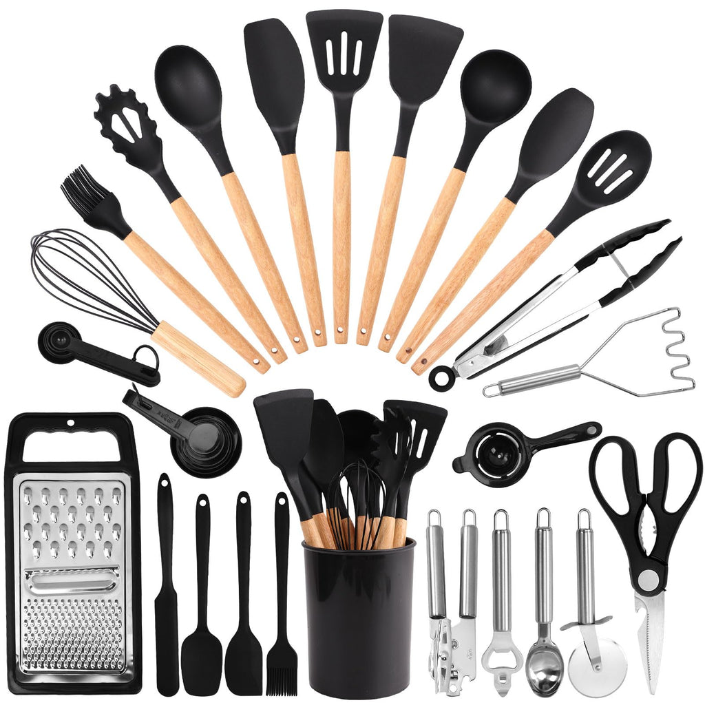 Silicone Cooking Utensils Set, 34 PCS Kitchen Utensils Set, 446℉ Heat Resistant Non-Stick Silicone Cooking Kitchen Utensils with Wooden Handle, Kitchen Gadgets Tools Set for Nonstick Cookware