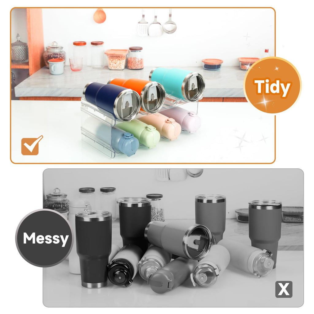 Stackable Water Bottle Organizer, SPOSPO Large Compartment Water Bottle Holder, 2 Tier Clear Water Bottle Organizer for Cabinet, Water Bottle Rack for Kitchen Organization and Storage - Hold 8 Bottles