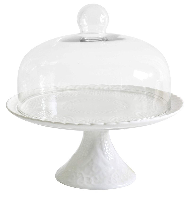 Jusalpha® 12 Inches White Porcelain Decorative Cake Stand-Cupcake Stand (CS01 - Glass Dome)