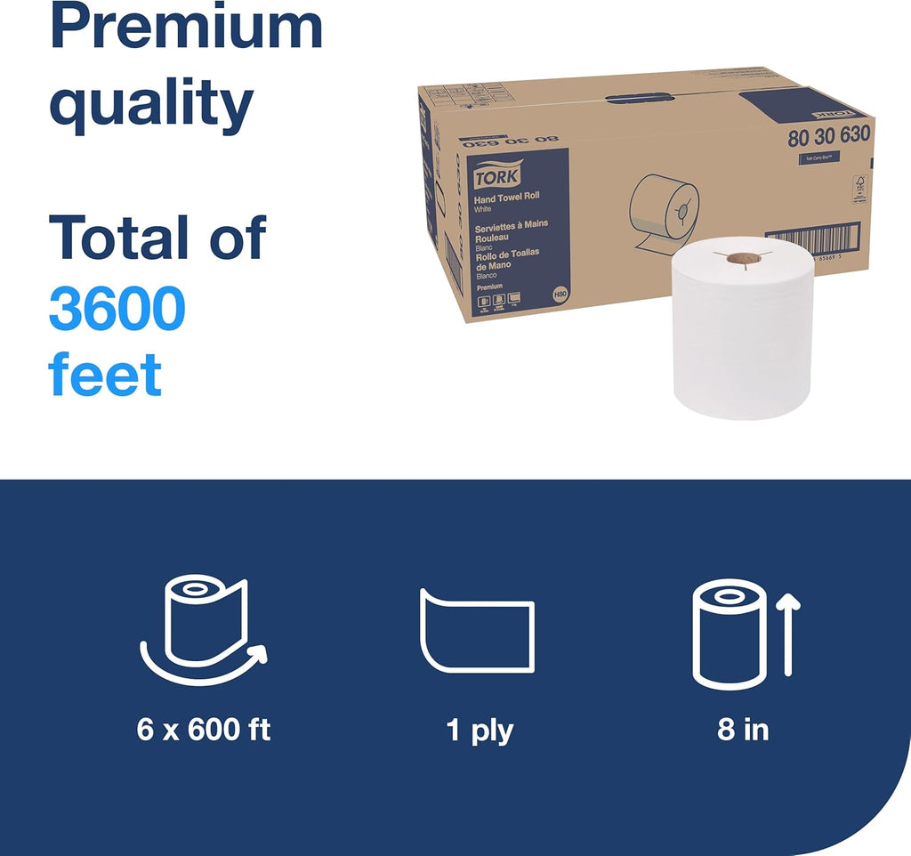 Tork Roll Hand Towels - Premium White, 6 Rolls | H80 for Superior Absorbency and Convenience