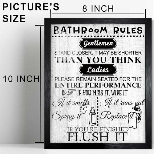 Biufo Bathroom Rules Wall Art - Framed Canvas Print with Inspirational Quotes | 8"x10" Size