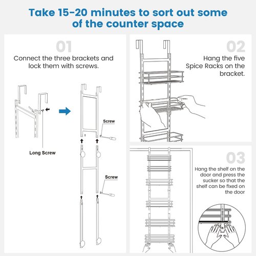 Purdaz Adjustable 6-Tier Over the Door Pantry Organizer, Spice Rack, Narrow Hanging Shelf for Kitchen Storage and Organization (White)