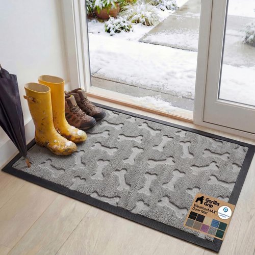 GORILLA GRIP 100% Waterproof All-Season Doormat - Natural Rubber, Stain & Fade Resistant, 47x35, Light Gray Bones
