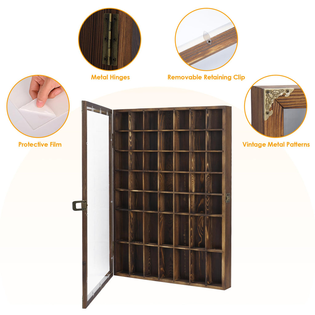 Suuiwau 1 Pcs Shot Glass Display Case, 49 Slots Shot Glass Display Cabinet Holder, Wall Mounted Glasses Collection Shelf Lockable with Acrylic Door for Home Bar Decor