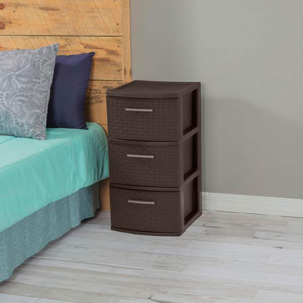 Sterilite 3 Drawer Storage Tower - Decorative Weave Organizer for Dorm, Closet & Craft Room - Espresso Finish