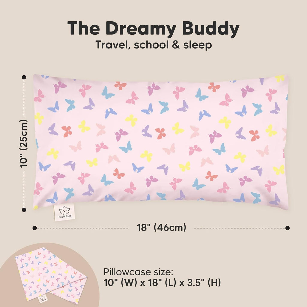 My Little Dreamy Toddler Pillow - Organic Cotton Travel Pillow with Soft Pillowcase | 10x18, Machine Washable, Ideal for Ages 2-5 (Flutter)
