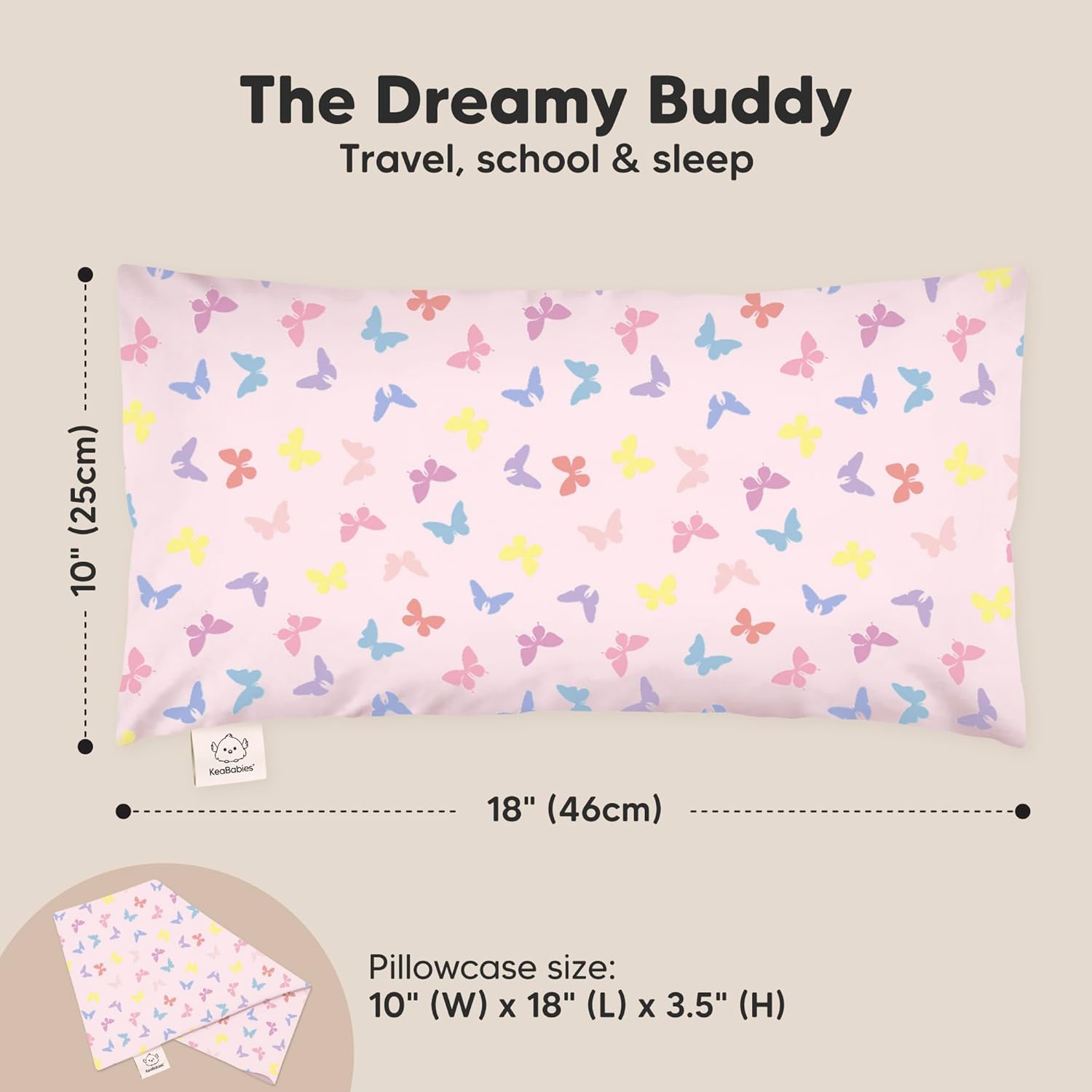 My Little Dreamy Toddler Pillow - Organic Cotton Travel Pillow with Soft Pillowcase | 10x18, Machine Washable, Ideal for Ages 2-5 (Flutter)
