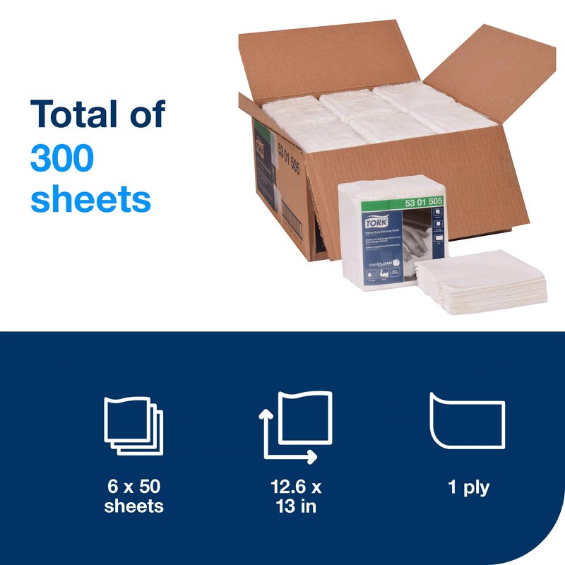 Tork Heavy Duty Cleaning Cloth White , 1/4 Folded with exelCLEAN Technology, 6 x 50 Cloths, 5301505