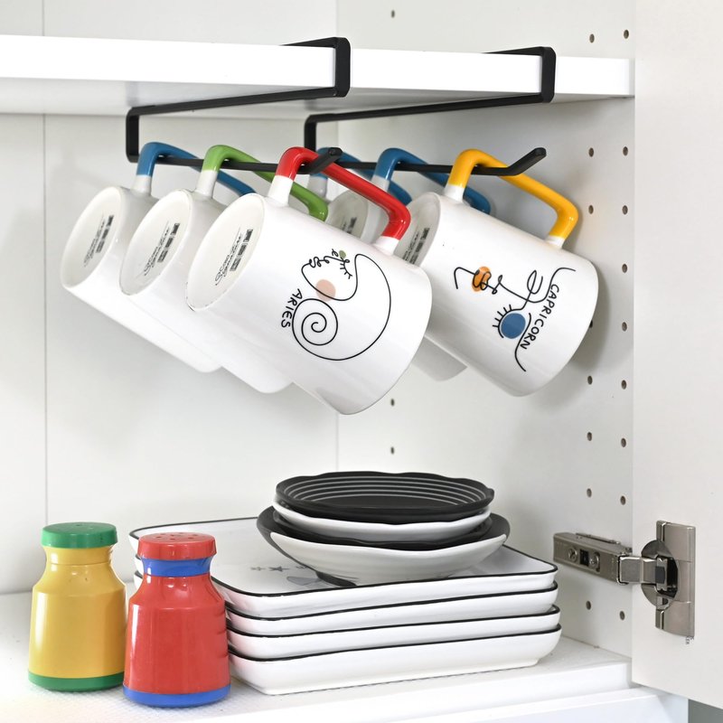 xympo Coffee Mug Hanger for Cabinet, Clip-On Shelf, for Cups, Utensil, Tumbler Lid, Screwless Install (Pack of 2), Fits Shelves up to 3/4"