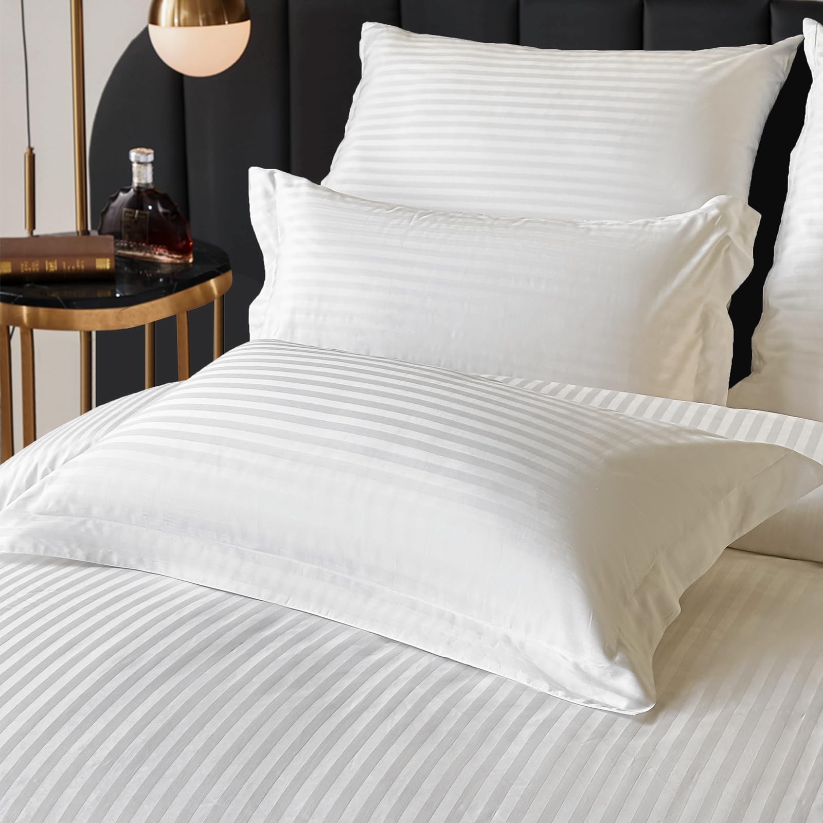 Amolavet Hotel Bedding Duvet Cover Queen Size Cotton White Satin Pin Striped Textured with Zipper - Duvet Cover Queen 3 Pcs Set 90x90 - Comforter Cover/Quilt Cover Queen Size