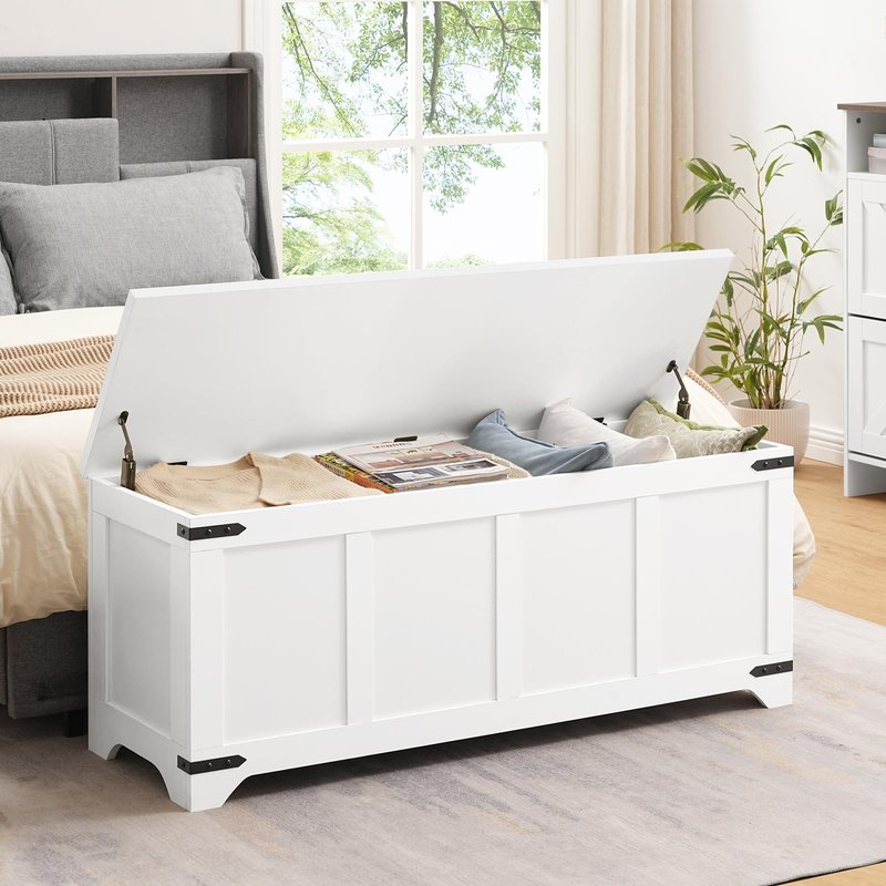 MAHANCRIS Storage Chest, 39.4" Storage Trunk with 2 Safety Hinges, Wooden Toy Chest, Entryway Shoe Bench, Large Toy Box for Kids Room, Bedroom, Living Room, White SCWT5101