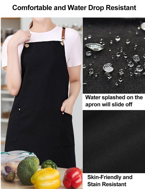 YIUJEFDA Black Cross Back Aprons for Women Men, Adjustable Long Straps Large Pockets Canvas Waterproof Apron for Chef Kitchen Cooking Server