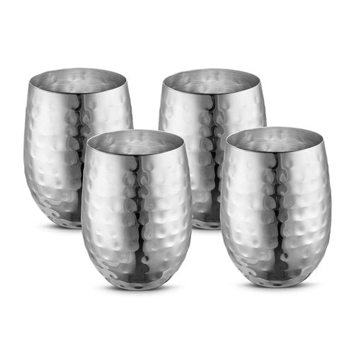 AVADOR Handcrafted Set of 4 Stainless Steel Shatterproof Glass Drinkware Tumbler Hammered Finish 16 Oz. each for Water | Wine | Moscow Mules | Stemless Wine Glass (Stainless Steel Finish)