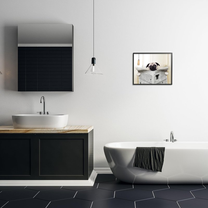 Stupell Industries 'Pug Reading Newspaper in Bathroom', Framed Giclee Art, Black, 20 x 16 Inches, Easy to Hang and Sturdy, Made in USA, by In House