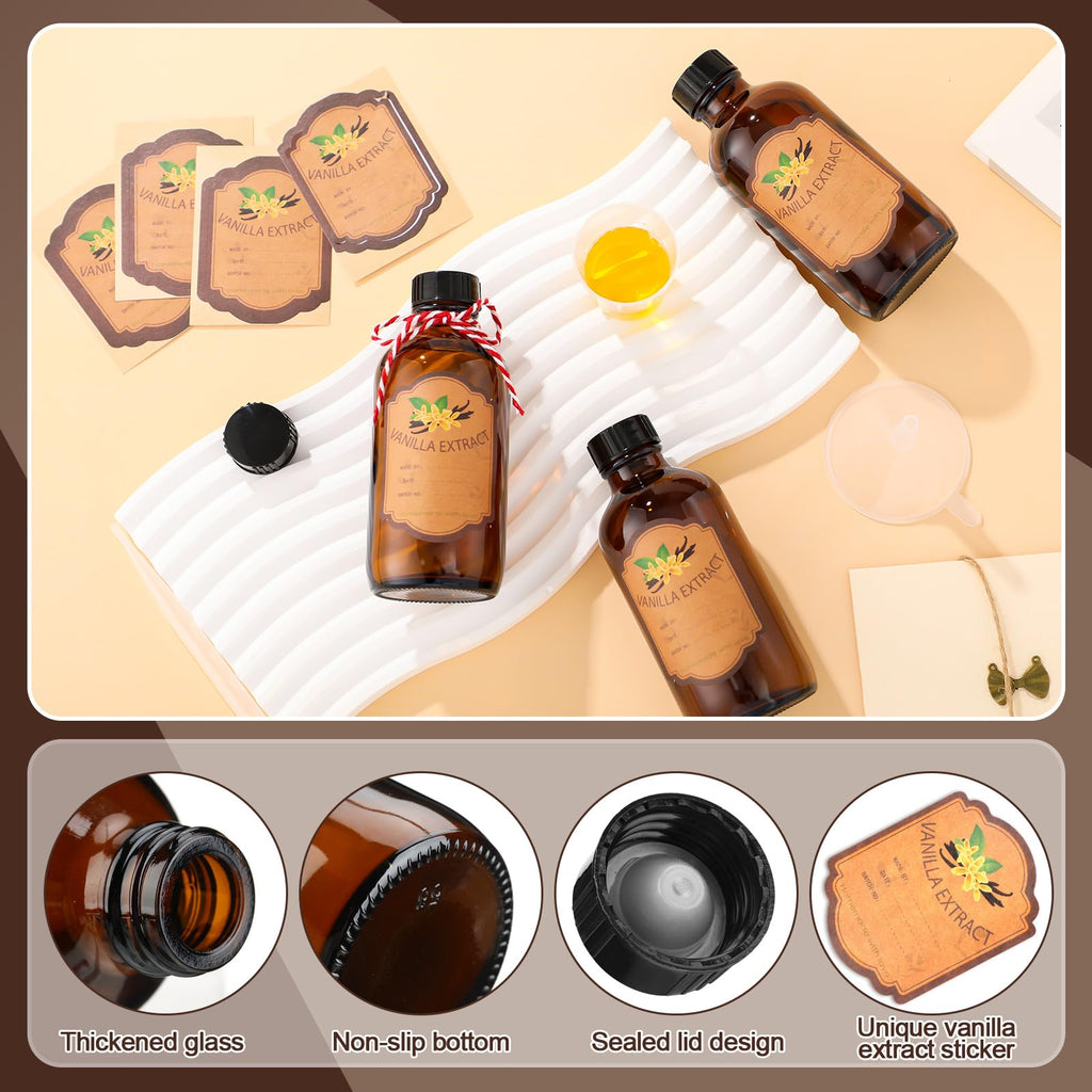 ProSuites 6 Pack Vanilla Extract Bottles 4 oz Homemade Glass Bottles for Vanilla Extract Amber Glass Jars for Syrup,Food,Sauce,Beans,Vanilla Extract Christmas Gift