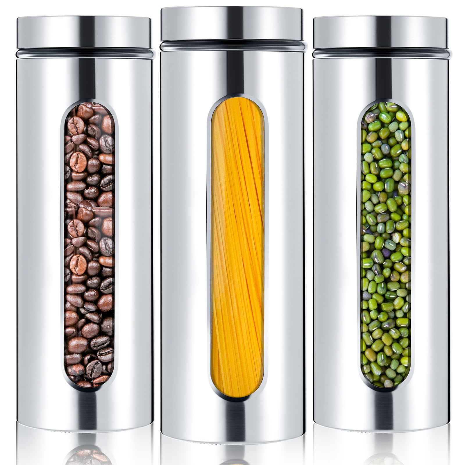 Mimorou 3 Pcs Stainless Steel Canister Set with Glass Windows Visible Storage Jars Silver Kitchen Canister Set for Pasta Flour Oat Sugar Container, Kitchen Tools, Housewarming Gifts(60 oz)