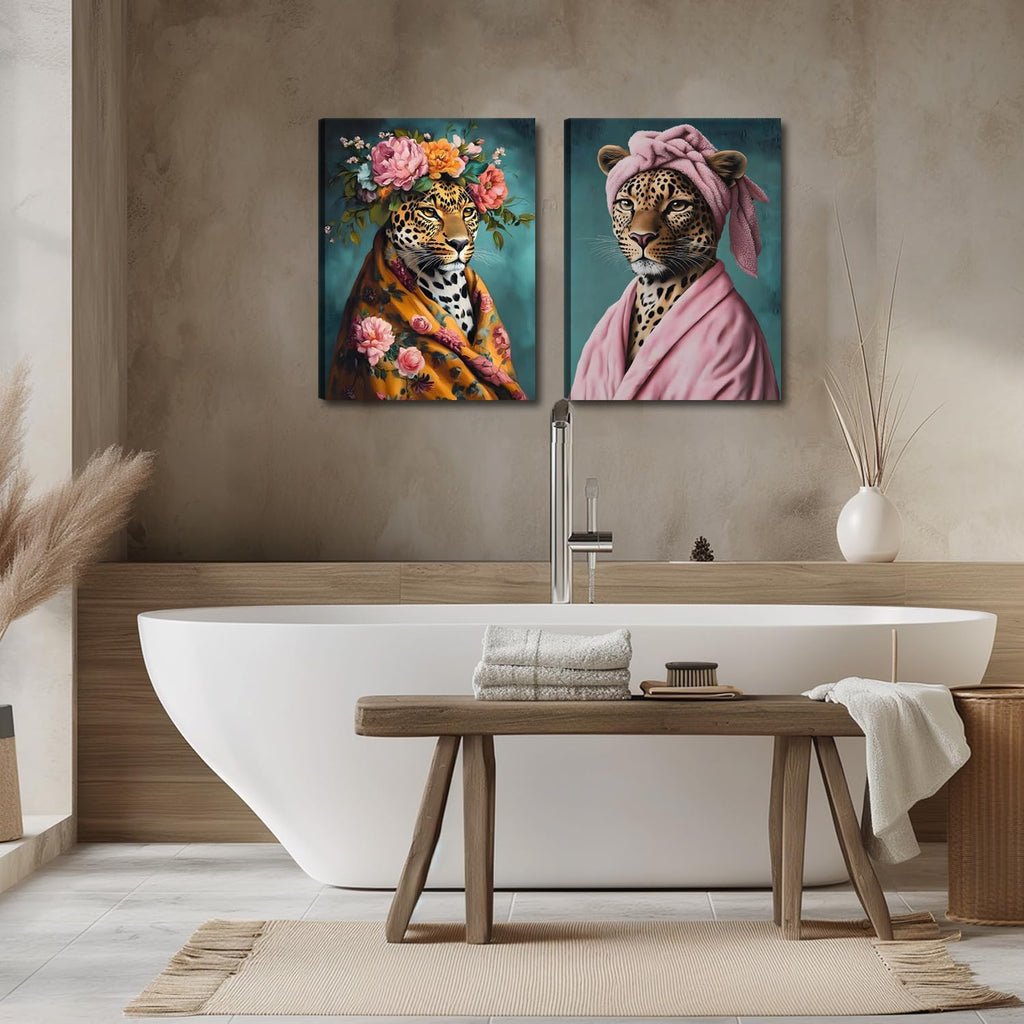 Regine Switzerland Funny Leopard Bathroom Wall Art Set - Eclectic Animal Canvas Prints | 12x16 Inch Framed Decor