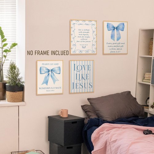 BRRNYOI Coquette Blue Bow Wall Art Set - Bible Verse Decor for Girls' Room | 8x10 Unframed Canvas Prints