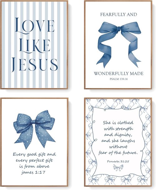 LARTSFRO Coquette Navy Blue Bow Wall Art | Inspirational Christian Decor for Teen Girls | Set of 4 Unframed 12x16 Inch Prints