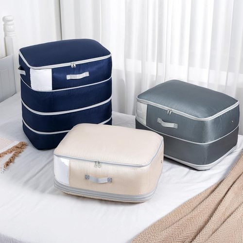 Comforter Storage Bag | Skiennix 130L Large Capacity Washable Compression Organizer - 2-Pack, Beige