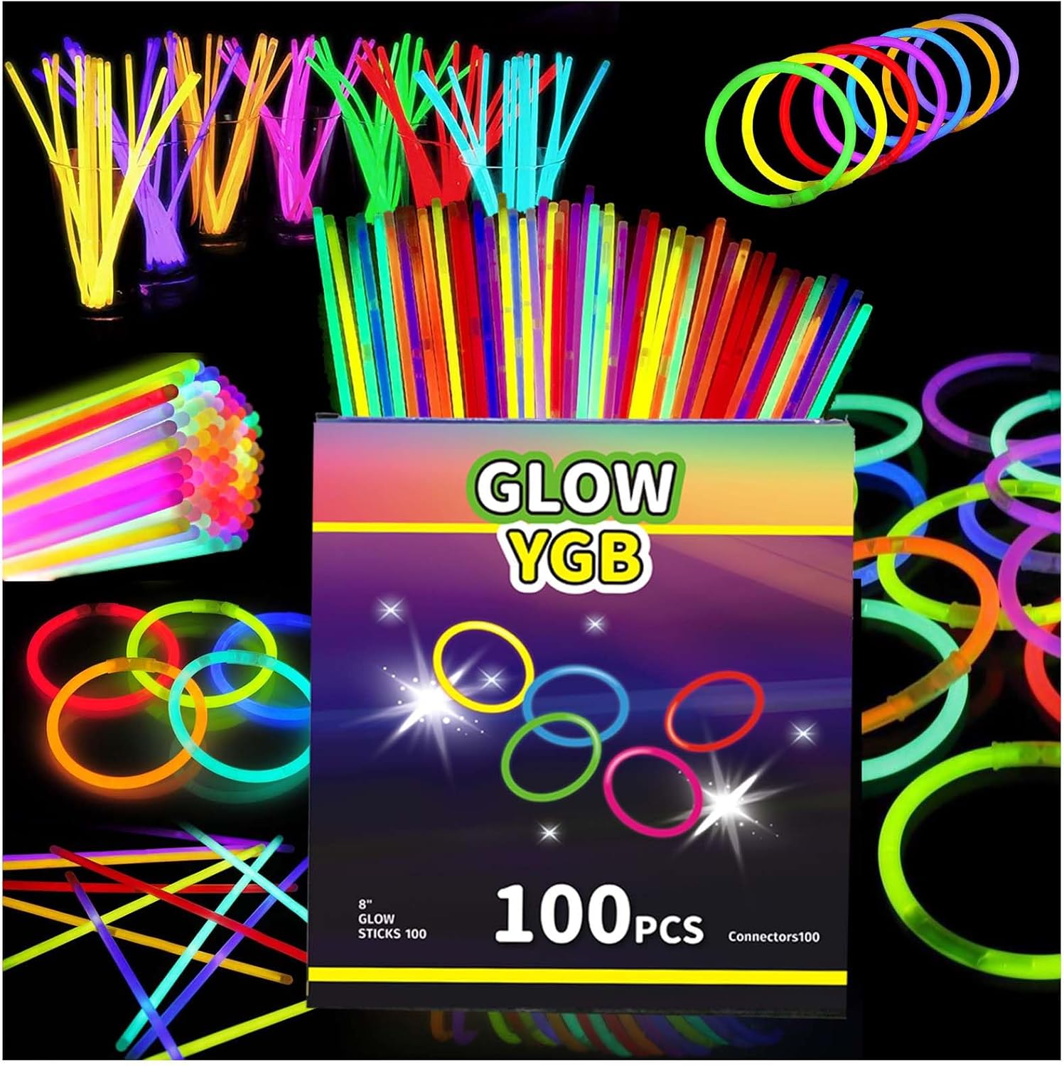 Skiennix 100PCS Glow Sticks - Bulk Party Pack for Halloween & Camping | 8” Glow Bracelets with Connectors