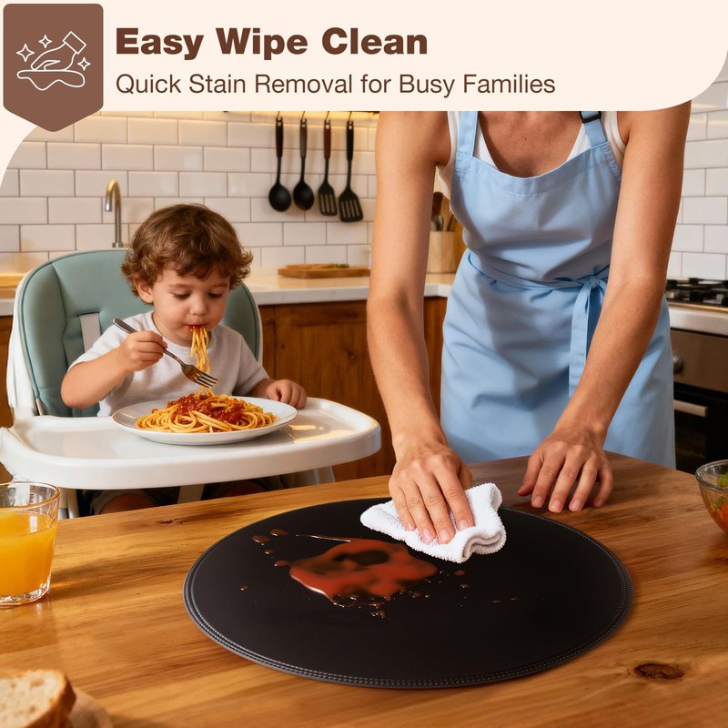 Rinpon Round Vinyl Black Placemats Set of 6, Faux Leather Waterproof Wipeable Heat Resistant Place Mats, Washable Table Mats for Halloween, Thanksgiving & Christmas Dinner(Black)